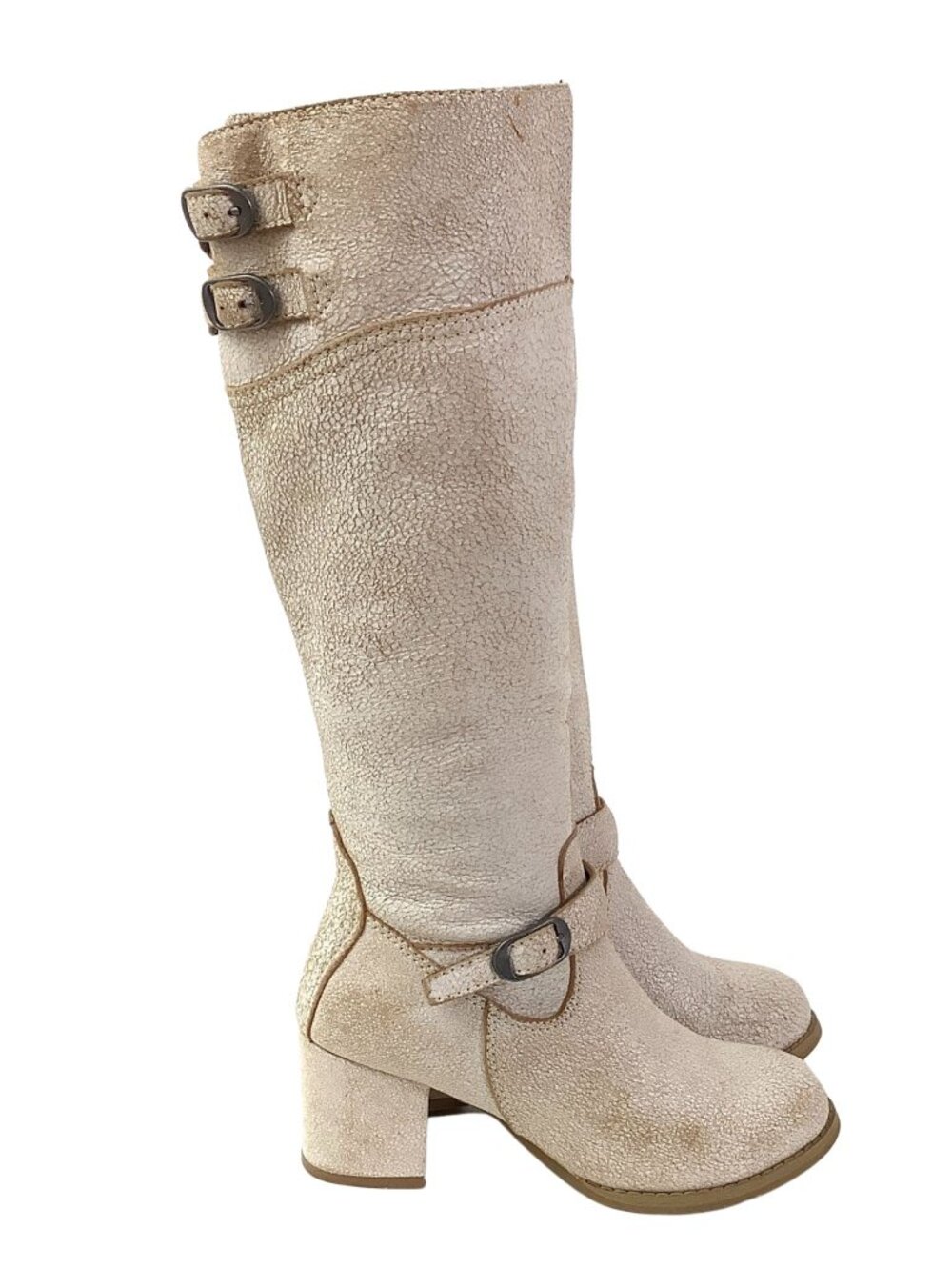 Fugu Malibu Knee-High Boots Steampunk Crackled Beige Size-7